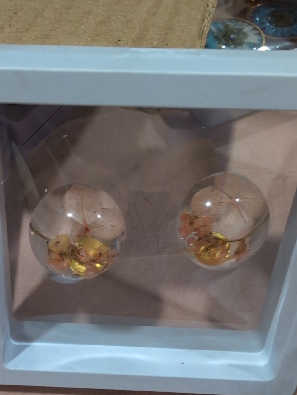 Glass Floral Orb Pair in Clear with Gold and Pink Accents Handmade